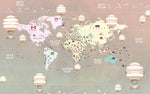 Tapet Personalizat Micii Exploratori cu harta globului pamantesc cu continente detaliate si baloane cu aer cald in nuante gradient - PEACHY GLOBE MAP