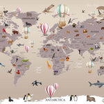 Tapet Personalizat Micii Exploratori cu harta lumii cu animale si baloane cu aer cald colorate - FLYING OVER THE MAP