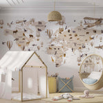 Tapet Personalizat Micii Exploratori cu harta lumii cu animale si baloane cu aer cald in nuante sepia maro - FLYING OVER THE MAP BEIGE