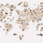 Tapet Personalizat Micii Exploratori cu harta lumii cu animale si baloane cu aer cald in nuante sepia maro - FLYING OVER THE MAP BEIGE