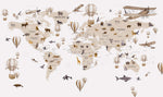 Tapet Personalizat Micii Exploratori cu harta lumii cu animale si baloane cu aer cald in nuante sepia maro - FLYING OVER THE MAP BEIGE