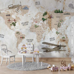 Tapet Personalizat Micii Exploratori cu harta lumii si vegetatie pe un fundal de hartie vintage texturata - RUSTIC PLANE MAP