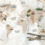 Tapet Personalizat Micii Exploratori cu harta lumii si vegetatie pe un fundal de hartie vintage texturata - RUSTIC PLANE MAP