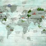 Tapet Personalizat Micii Exploratori cu harta lumii pe un fundal de placi de lemn in nuante de verde - GREEN WOOD TEXTURED MAP