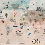 Tapet Personalizat Micii Exploratori cu harta lumii pentru copii cu animale si monumente - KIDS TREASURE MAP