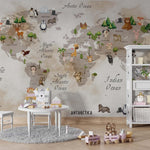 Tapet Personalizat Micii Exploratori cu cu harta lumii si vegetatie pe un fundal de hartie vintage watercolor - OLD PAPER MAP