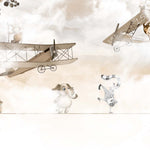 Tapet Personalizat Micii Exploratori cu animale in echilibru pe franghie si avioane in nuante de sepia bej - BALANCE IN THE CLOUDS