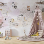 Tapet Personalizat Micii Exploratori cu harta lumii cu animalute si avioane intr-un fundal multicolor - PEACHY PINK MAP