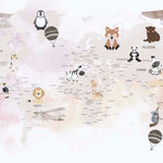 Tapet Personalizat Micii Exploratori cu harta lumii cu animalute si avioane intr-un fundal multicolor - PEACHY PINK MAP