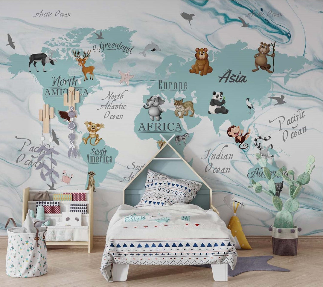 Tapet Personalizat Micii Exploratori cu harta continentelor si fundal de ghetar in nuante de albastru - ICEBERG MAP