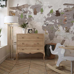 Tapet Personalizat Micii Exploratori cu harta lumii pentru copii cu animale si vegetatie pe un fundal de marmura bej - MARBLE KID'S MAP
