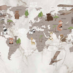 Tapet Personalizat Micii Exploratori cu harta lumii pentru copii cu animale si vegetatie pe un fundal de marmura bej - MARBLE KID'S MAP
