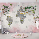 Tapet Personalizat Micii Exploratori cu harta lumii pe continente cu vegetatie si fundal roz - WORLD'S SEVEN WONDERS MAP