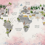 Tapet Personalizat Micii Exploratori cu harta lumii pe continente cu vegetatie si fundal roz - WORLD'S SEVEN WONDERS MAP