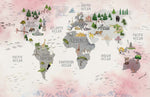Tapet Personalizat Micii Exploratori cu harta lumii pe continente cu vegetatie si fundal roz - WORLD'S SEVEN WONDERS MAP