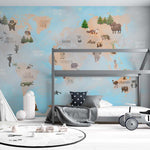 Tapet Personalizat Micii Exploratori cu harta lumii pe continente cu vegetatie, animale exotice si fundal in ceata - FOGGY OCEAN MAP