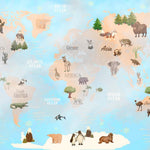 Tapet Personalizat Micii Exploratori cu harta lumii pe continente cu vegetatie, animale exotice si fundal in ceata - FOGGY OCEAN MAP