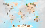 Tapet Personalizat Micii Exploratori cu harta lumii pe continente cu vegetatie, animale exotice si fundal in ceata - FOGGY OCEAN MAP