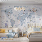 Tapet Personalizat Micii Exploratori cu harta lumii pentru copii si fundal in dungi albastru baby blue - BABY BLUE KID'S MAP