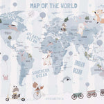 Tapet Personalizat Micii Exploratori cu harta lumii pentru copii si fundal in dungi albastru baby blue - BABY BLUE KID'S MAP