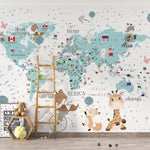 Tapet Personalizat Micii Exploratori cu harta lumii pentru detaliata cu steaguri si animale - BUBBLE KID'S MAP