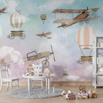 Tapet Personalizat Micii Exploratori cu avioane si baloane cu aer cald pe un fundal gradient albastru-roz - PINK AND BLUE SKY