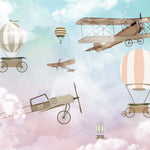 Tapet Personalizat Micii Exploratori cu avioane si baloane cu aer cald pe un fundal gradient albastru-roz - PINK AND BLUE SKY