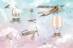 Tapet Personalizat Micii Exploratori cu avioane si baloane cu aer cald pe un fundal gradient albastru-roz - PINK AND BLUE SKY