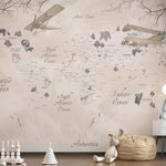 Tapet Personalizat Micii Exploratori cu harta lumii in vegetatie in nuante de alb si bej - AUTUMN TREES MAP