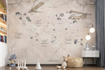Tapet Personalizat Micii Exploratori cu harta lumii in vegetatie in nuante de alb si bej - AUTUMN TREES MAP