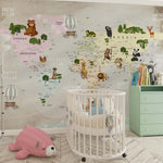 Tapet Personalizat Micii Exploratori cu harta lumii cu animale exotice si vegetatie cu fundal stil watercolor - WATERCOLOR CONTINENTS MAP