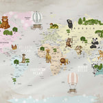 Tapet Personalizat Micii Exploratori cu harta lumii cu animale exotice si vegetatie cu fundal stil watercolor - WATERCOLOR CONTINENTS MAP