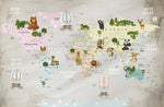 Tapet Personalizat Micii Exploratori cu harta lumii cu animale exotice si vegetatie cu fundal stil watercolor - WATERCOLOR CONTINENTS MAP