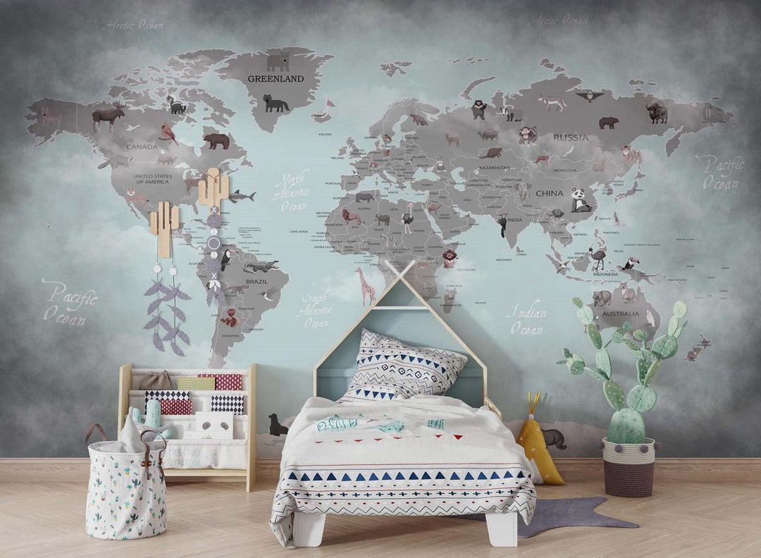 Tapet Personalizat Micii Exploratori cu harta lumii in stil grundge - WINTER GRUNGE MAP