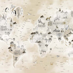 Tapet Personalizat Micii Exploratori cu harta lumii cu animale si vegetatie, continente gri si fundal bej - PATCHY BEIGE MAP
