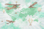 Tapet Personalizat Micii Exploratori cu harta lumii avioane si baloane cu aer cald intr-un fundal verde - VIBRANT GREEN MAP