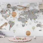 Tapet Personalizat Micii Exploratori cu harta lumii in nuante de gri cu baloane cu aer cald vintage - VINTAGE BALLOONS MAP