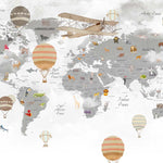Tapet Personalizat Micii Exploratori cu harta lumii in nuante de gri cu baloane cu aer cald vintage - VINTAGE BALLOONS MAP