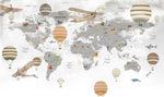 Tapet Personalizat Micii Exploratori cu harta lumii in nuante de gri cu baloane cu aer cald vintage - VINTAGE BALLOONS MAP