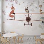Tapet Personalizat Micii Exploratori cu animale pe avion biplan si cer instelat - STARRY BIPLANE