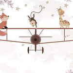 Tapet Personalizat Micii Exploratori cu animale pe avion biplan si cer instelat - STARRY BIPLANE