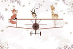Tapet Personalizat Micii Exploratori cu animale pe avion biplan si cer instelat - STARRY BIPLANE