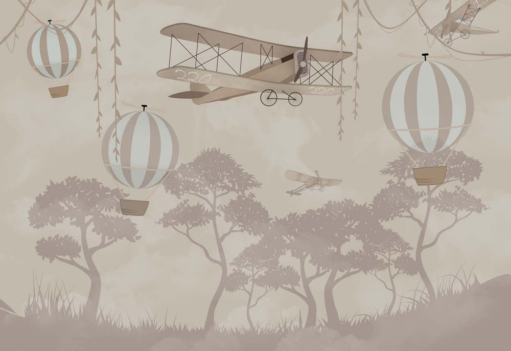 Tapet Personalizat Micii Exploratori cu peisaj din safari in nuante de bej cu avioane si baloane cu aer cald - EXPLORING THE SAFARI SKY