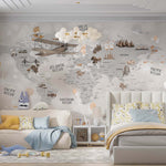 Tapet Personalizat Micii Exploratori cu harta lumii cu vegetatie si avioane pe un fundal gri deschis - SPARKLE GREY MAP