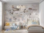 Tapet Personalizat Micii Exploratori cu harta lumii cu vegetatie si avioane pe un fundal gri deschis - SPARKLE GREY MAP