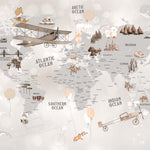 Tapet Personalizat Micii Exploratori cu harta lumii cu vegetatie si avioane pe un fundal gri deschis - SPARKLE GREY MAP
