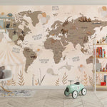 Tapet Personalizat Micii Exploratori cu harta lumii cu corturi de carnaval si baloane in nuante sepia maro - CIRCUS PLANTS MAP