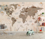 Tapet Personalizat Micii Exploratori cu harta lumii cu corturi de carnaval si baloane in nuante sepia maro - CIRCUS PLANTS MAP