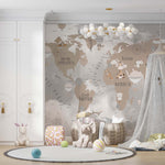 Tapet Personalizat Micii Exploratori cu harta lumii pentru copii cu continente bej si fundal cu nori gri - WARM TONES GLOBE MAP
