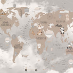 Tapet Personalizat Micii Exploratori cu harta lumii pentru copii cu continente bej si fundal cu nori gri - WARM TONES GLOBE MAP